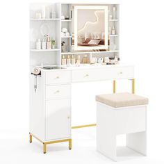 a white vanity with a mirror and stool in front of it on a white background