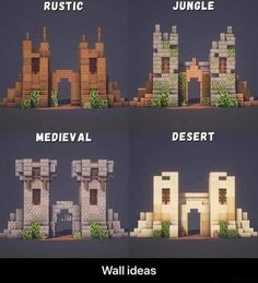 four different types of medieval buildings with the words jungle, medieval and desert on them