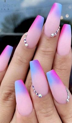 Bright Purple Ombre Nails, Long Acrylic Nails Almond Stilettos, All Nail Designs, Nail Designs Ombre Color Combos, Women Nails Designs, Spring Nail Designs Almond Shape, Matt Nail Ideas, Spring Nail Art Designs Pretty, Nails 2 Colors