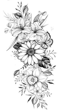 a black and white drawing of flowers