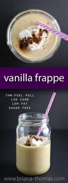 vanilla frappe in a glass jar with two straws