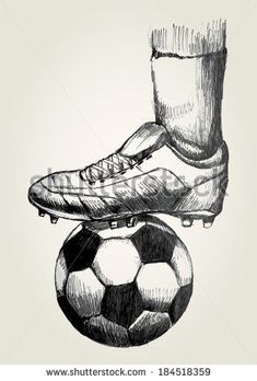 a soccer ball and a foot on top of it, drawn by hand in pencil