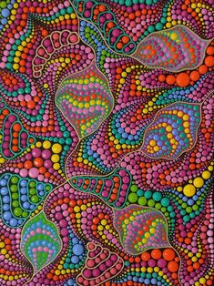 an abstract painting with lots of different colors and dots on it, including circles in the middle