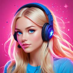 a girl with headphones on her ears and stars in the sky above her ear