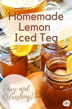 homemade lemon iced tea in mason jars on a table with honey and lemons around it