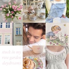 a collage of photos with flowers, teacups and other things in them