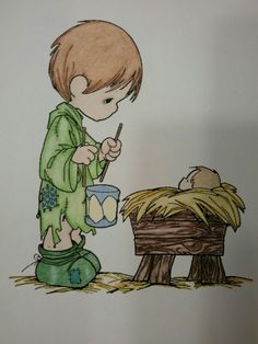 a drawing of a little boy standing next to a baby in a manger