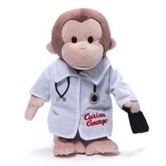 a stuffed monkey wearing a white coat and stethoscope