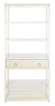 This Johni Etagere beautifully revitalizes classic campaign style for today’s contemporary cool interiors. Crafted of acacia wood in an antique white finish, Johni boasts five shelves for ample display, while its one drawer allows for discreet storage. Two gold pulls give a touch of glamour to the timeless silhouette. Safavieh Johni Antique White Wood 5-Shelf Bookcase (32-in W x 70-in H x 18-in D) Rubber | ETG9200B Cool Interiors, Gold Pulls, Safavieh Furniture, Decorative Shelving, 5 Shelf Bookcase, Cane Dining Chair, Etagere Bookcase, Bookcase Shelves, Burke Decor