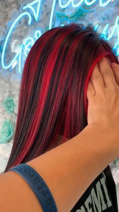 Black Hair With Bright Red Highlights, Black And Red Highlights Hair, Ghost Roots Hair Red, Red Dye Hair Ideas, Red Highlights On Black Hair Black Women, Bright Red Highlights On Dark Hair, Red Hair With Black Money Piece, Red And Black Striped Hair, Red Over Black Hair