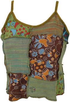 A short-cropped hippie tank top in stonewashed ribbed cotton and knit cotton patchwork with reverse cross stitch. The top is characterized with mushroom prints in the patchwork, that is them overdyed in green. #tlb #Sleeveless #Stonewash #Embroidered #vacationclothing #bohemianfashion #Handmade #JuniorPetite #mushroomhippietop Green Bohemian Cotton Top, Green Patchwork Tops For Festival, Bohemian Green Cotton Top, Summer Tank Tops With Patchwork, Spring Cotton Tank Top With Patchwork, Green Bohemian Tank Top For Festival, Sleeveless Summer Crop Top With Patchwork, Hippie Sleeveless Cotton Crop Top, Bohemian Patchwork Tank Top For Summer