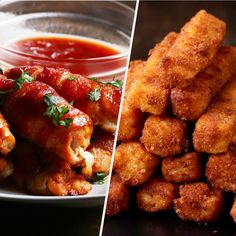 two pictures side by side one with chicken wings and the other with sauce