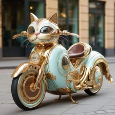 a cat is sitting on top of a gold and blue motorbike in front of a building