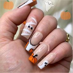 Mummy French Tip Nails, Patch Work Nail Art, Medium Square Halloween Nails, Halloween French Tip Nails Square, Patch Nail Art, Halloween Nails Pumpkin Design, Ghost And Pumpkin Nails, Mummy Halloween Nails, Pumpkin And Ghost Nails