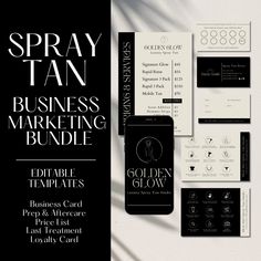 the spray tan business marketing bundle is displayed on a white wall with black and white graphics