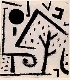 a black and white drawing of a tree with a house in the background on paper