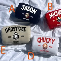 four different types of personalized pillows on a white sheet with the names of each pillow