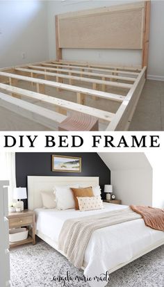 the bed frame is made from wood and has no headboard or foot board on it