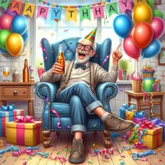 an old man sitting in a chair with balloons and confetti on the floor