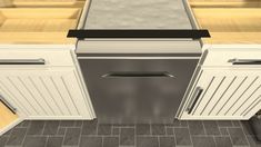 an image of a kitchen setting with stainless steel appliance and tile flooring