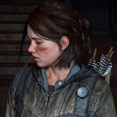 the last of us's female character is looking down at her hair and holding an arrow