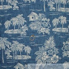 an image of a blue and white fabric with palm trees, houses and buildings on it