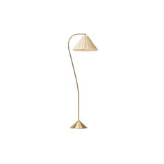 a floor lamp with a white shade on it's head and a gold base