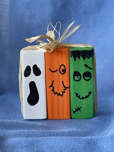 Small / Halloween Monster Blocks  1 - Old Soul AZ Crafts From Jenga Blocks, Halloween Homemade Decor, Halloween Jenga Block Crafts, 2x4 Signs, Painted Logs, Jenga Block Crafts, Jenga Crafts