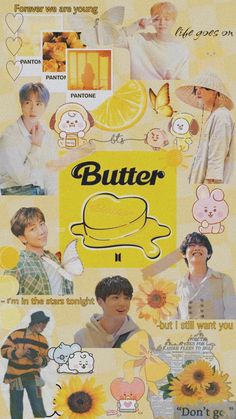 an advertisement for butter with images of people and flowers on the front, including sunflowers