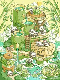 an image of pandas in the water surrounded by plants and other things that are floating around