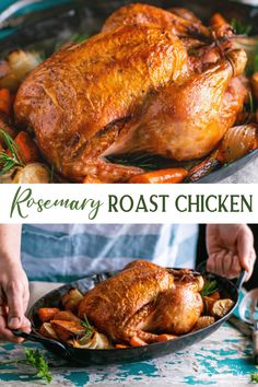 a person holding a roasting pan filled with roasted chicken and vegetables