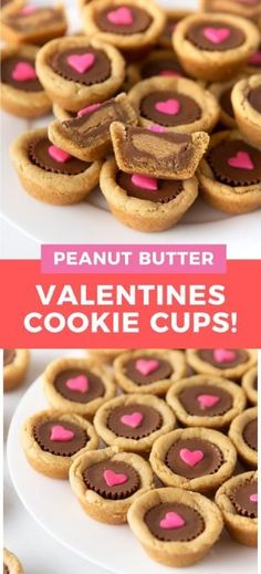 peanut butter valentine's cookie cups on a white plate with pink heart cut outs