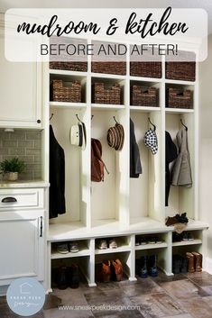 a white coat rack with baskets and coats hanging on it's sides in a room