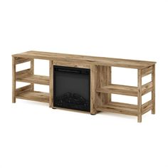 a wooden entertainment center with shelves and a fire place