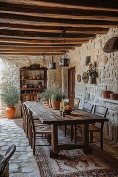 a rustic dining room with stone walls and wooden table surrounded by potted planters