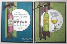 two cards with wine bottles and glasses on them