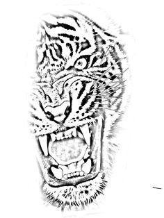 a black and white drawing of a tiger's face with it's mouth open