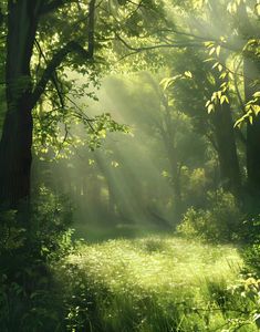 the sun shines through the trees and grass in this forest scene with sunlight streaming through