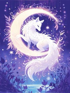 a white fox sitting on top of a moon