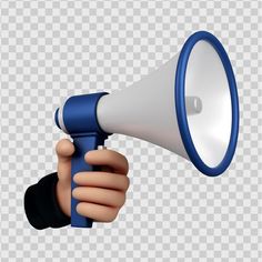 a hand holding a blue and white megaphone on top of a transparent background png