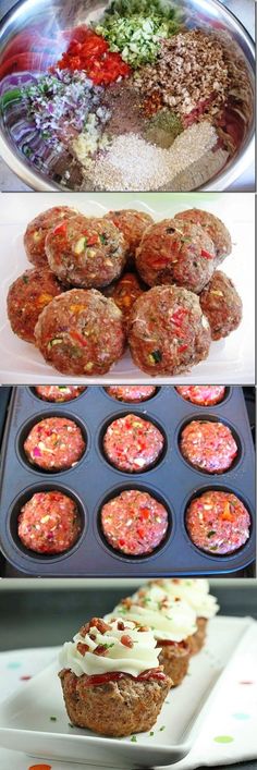 some food is being prepared and ready to be cooked in the oven, including meatballs