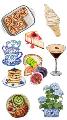 watercolor painting of various desserts and pastries