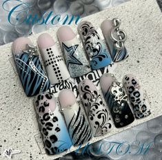 T Nails Design, Shoe Nails Designs, Cute Nail Designs Dark Colors, Tacky Nails Art Designs, Blue And Black Christmas Nails, Frankie Stein Inspired Nails, 2000s Nail Inspiration, 90 Theme Nails