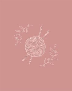 a ball of yarn and knitting needles on a pink background with leaves, twigs and flowers