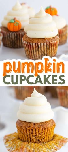 pumpkin cupcakes with cream cheese frosting on top