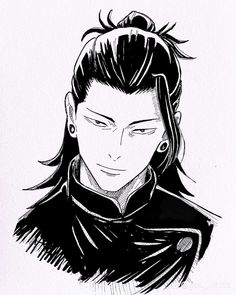 a black and white drawing of a man with long hair wearing a topknot