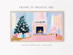 a painting of a fireplace and christmas tree