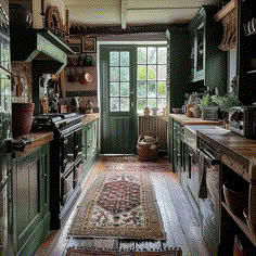 a kitchen with green cabinets and an area rug on the floor in front of the stove