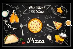 a chalkboard with different types of pizza and condiments on it, including one meal at a time