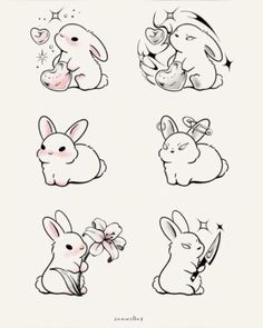 some drawings of rabbits with flowers and hearts on their backs, one is white and the other has pink